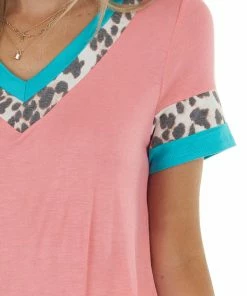 Lovely Melody Dark Coral Ringer V Neck Top With Leopard Print Contrast