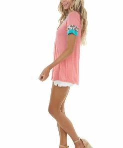 Lovely Melody Dark Coral Ringer V Neck Top With Leopard Print Contrast