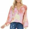 BiBi Dark Coral Tie Dye Knit Top With Long Bubble Sleeves Tops