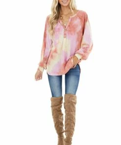 BiBi Dark Coral Tie Dye Knit Top With Long Bubble Sleeves Tops