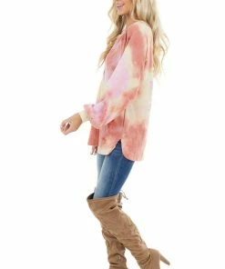 BiBi Dark Coral Tie Dye Knit Top With Long Bubble Sleeves Tops