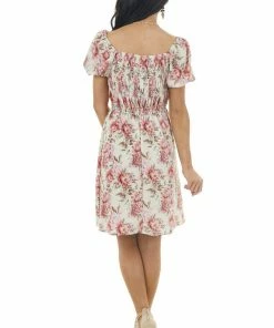 Hayden Dresses Dark Cream Floral Print Mini Dress With Smocked Bodice
