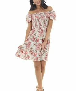 Hayden Dresses Dark Cream Floral Print Mini Dress With Smocked Bodice