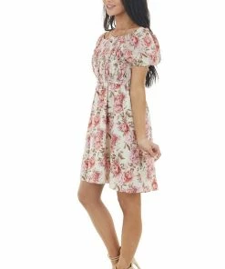 Hayden Dresses Dark Cream Floral Print Mini Dress With Smocked Bodice