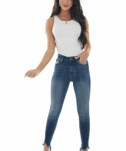 KanCan Dark High Rise Frayed Slit Hem Skinny Jeans