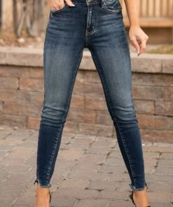 KanCan Dark High Rise Frayed Slit Hem Skinny Jeans