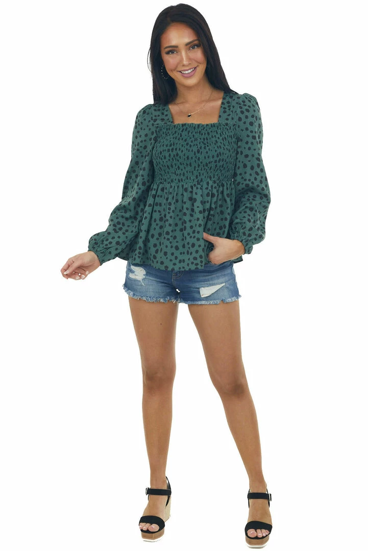 Miss Sparkling Dark Juniper Dalmatian Smocked Babydoll Blouse Tops 5 Miss Sparkling Dark Juniper Dalmatian Smocked Babydoll Blouse Tops