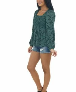 Miss Sparkling Dark Juniper Dalmatian Smocked Babydoll Blouse Tops 11 Miss Sparkling Dark Juniper Dalmatian Smocked Babydoll Blouse Tops