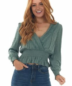 Hem & Thread Tops Dark Juniper Swiss Dot Crochet Lace Trim Top