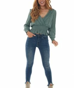 Hem & Thread Tops Dark Juniper Swiss Dot Crochet Lace Trim Top