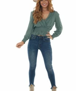 Hem & Thread Tops Dark Juniper Swiss Dot Crochet Lace Trim Top