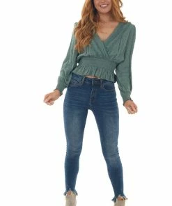 Hem & Thread Tops Dark Juniper Swiss Dot Crochet Lace Trim Top