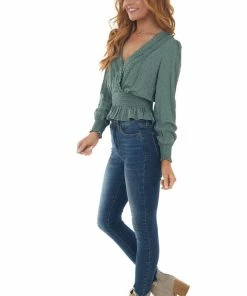 Hem & Thread Tops Dark Juniper Swiss Dot Crochet Lace Trim Top