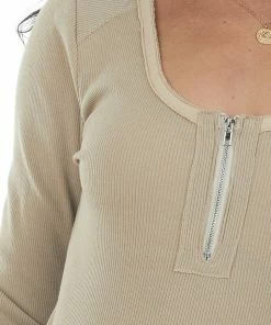 143 Story Dark Khaki Henley Zipper Long Sleeve Bodysuit