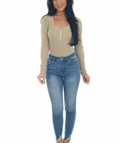 143 Story Dark Khaki Henley Zipper Long Sleeve Bodysuit