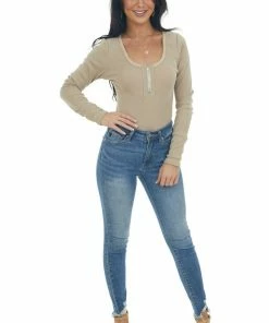 143 Story Dark Khaki Henley Zipper Long Sleeve Bodysuit