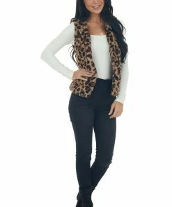 Style Melody Dark Latte Leopard Faux Fur Vest Outerwear