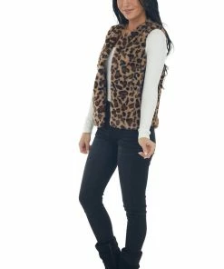 Style Melody Dark Latte Leopard Faux Fur Vest Outerwear