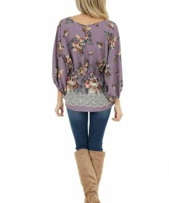 Hailey & Co Dark Lavender Floral Print Elastic Drop Waist Blouse