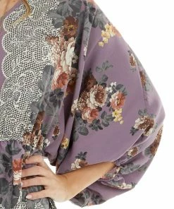 Hailey & Co Dark Lavender Floral Print Elastic Drop Waist Blouse