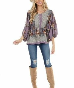 Hailey & Co Dark Lavender Floral Print Elastic Drop Waist Blouse