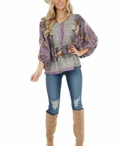 Hailey & Co Dark Lavender Floral Print Elastic Drop Waist Blouse