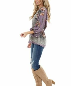 Hailey & Co Dark Lavender Floral Print Elastic Drop Waist Blouse