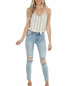 Staccato Tops Dark Mauve Multicolor Striped Tank Top With Keyhole Detail 22 Staccato Tops Dark Mauve Multicolor Striped Tank Top With Keyhole Detail