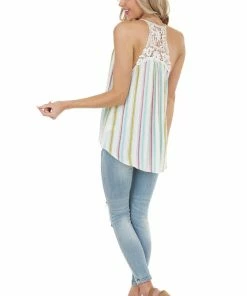 Staccato Tops Dark Mauve Multicolor Striped Tank Top With Keyhole Detail 23 Staccato Tops Dark Mauve Multicolor Striped Tank Top With Keyhole Detail