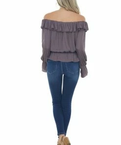 NAKED ZEBRA Dark Mocha Off Shoulder Long Sleeve Blouse Tops