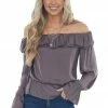 NAKED ZEBRA Dark Mocha Off Shoulder Long Sleeve Blouse Tops