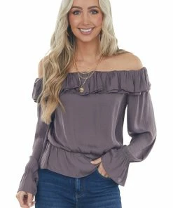 NAKED ZEBRA Dark Mocha Off Shoulder Long Sleeve Blouse Tops