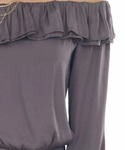 NAKED ZEBRA Dark Mocha Off Shoulder Long Sleeve Blouse Tops