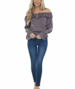 NAKED ZEBRA Dark Mocha Off Shoulder Long Sleeve Blouse Tops