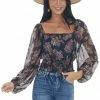 Peach Love Tops Dark Navy Floral Sheer Bubble Sleeve Crop Top