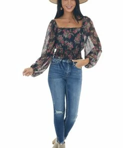 Peach Love Tops Dark Navy Floral Sheer Bubble Sleeve Crop Top