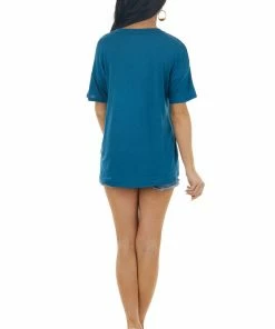 BiBi Tops Dark Ocean Blue Short Sleeve Knit Top With Caged Neckline