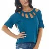 BiBi Tops Dark Ocean Blue Short Sleeve Knit Top With Caged Neckline