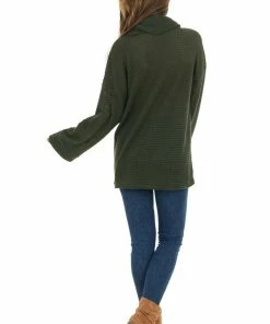 BiBi Tops Dark Olive Waffle Knit Long Sleeve Top With Cowl Neckline 24 BiBi Tops Dark Olive Waffle Knit Long Sleeve Top With Cowl Neckline