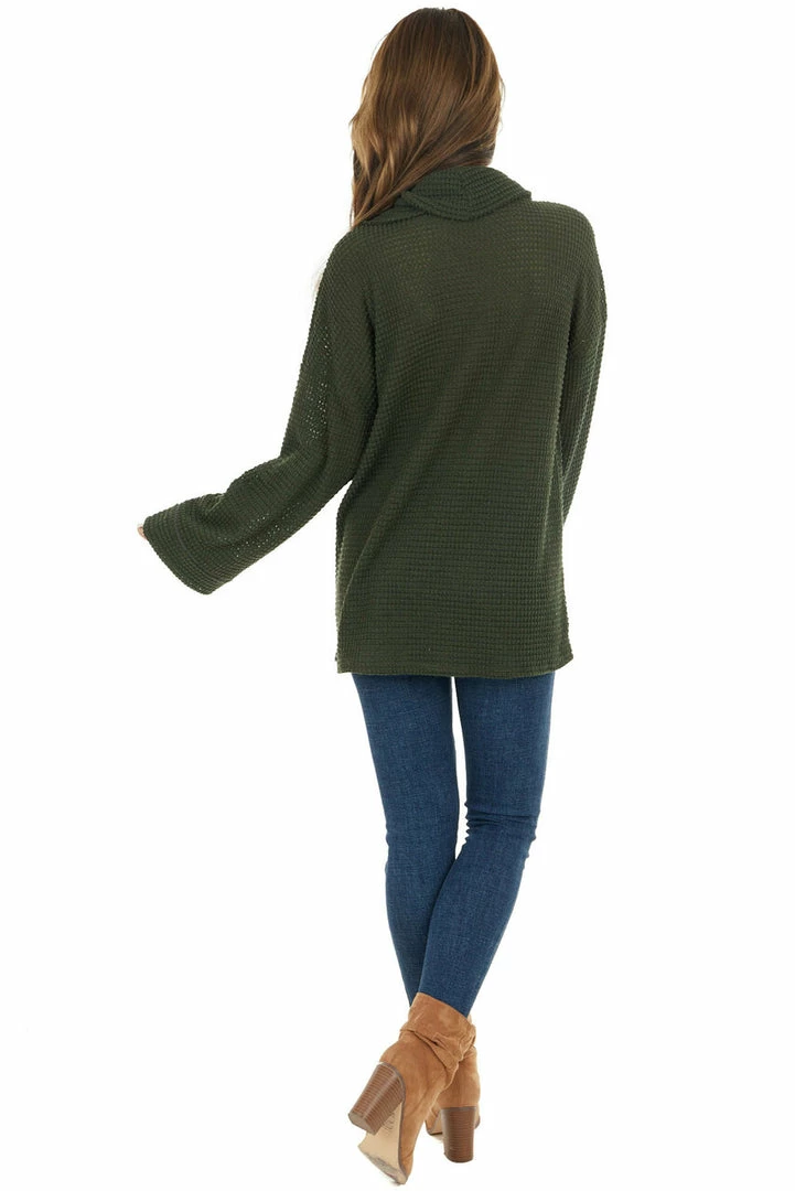BiBi Tops Dark Olive Waffle Knit Long Sleeve Top With Cowl Neckline 9 BiBi Tops Dark Olive Waffle Knit Long Sleeve Top With Cowl Neckline