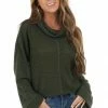 BiBi Tops Dark Olive Waffle Knit Long Sleeve Top With Cowl Neckline