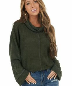 BiBi Tops Dark Olive Waffle Knit Long Sleeve Top With Cowl Neckline