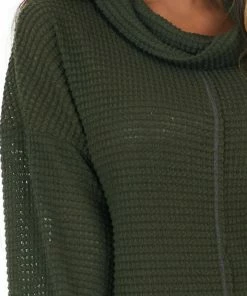 BiBi Tops Dark Olive Waffle Knit Long Sleeve Top With Cowl Neckline 25 BiBi Tops Dark Olive Waffle Knit Long Sleeve Top With Cowl Neckline