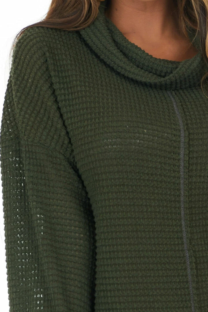 BiBi Tops Dark Olive Waffle Knit Long Sleeve Top With Cowl Neckline 10 BiBi Tops Dark Olive Waffle Knit Long Sleeve Top With Cowl Neckline
