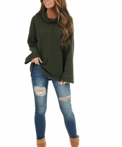 BiBi Tops Dark Olive Waffle Knit Long Sleeve Top With Cowl Neckline 21 BiBi Tops Dark Olive Waffle Knit Long Sleeve Top With Cowl Neckline