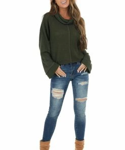 BiBi Tops Dark Olive Waffle Knit Long Sleeve Top With Cowl Neckline 19 BiBi Tops Dark Olive Waffle Knit Long Sleeve Top With Cowl Neckline