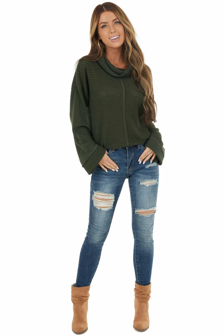 BiBi Tops Dark Olive Waffle Knit Long Sleeve Top With Cowl Neckline 4 BiBi Tops Dark Olive Waffle Knit Long Sleeve Top With Cowl Neckline