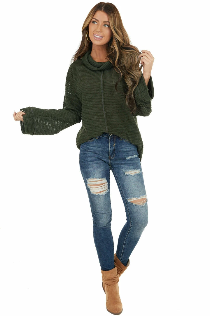 BiBi Tops Dark Olive Waffle Knit Long Sleeve Top With Cowl Neckline 5 BiBi Tops Dark Olive Waffle Knit Long Sleeve Top With Cowl Neckline