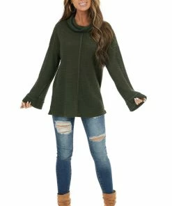 BiBi Tops Dark Olive Waffle Knit Long Sleeve Top With Cowl Neckline 22 BiBi Tops Dark Olive Waffle Knit Long Sleeve Top With Cowl Neckline