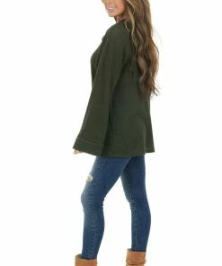 BiBi Tops Dark Olive Waffle Knit Long Sleeve Top With Cowl Neckline 23 BiBi Tops Dark Olive Waffle Knit Long Sleeve Top With Cowl Neckline